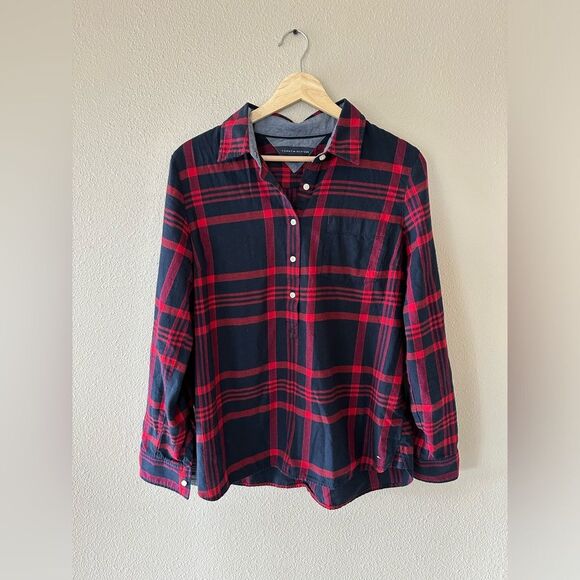 Tommy Hilfiger 100% Cotton Red Plaid Button Front Pullover Size L - Picture 1 of 6